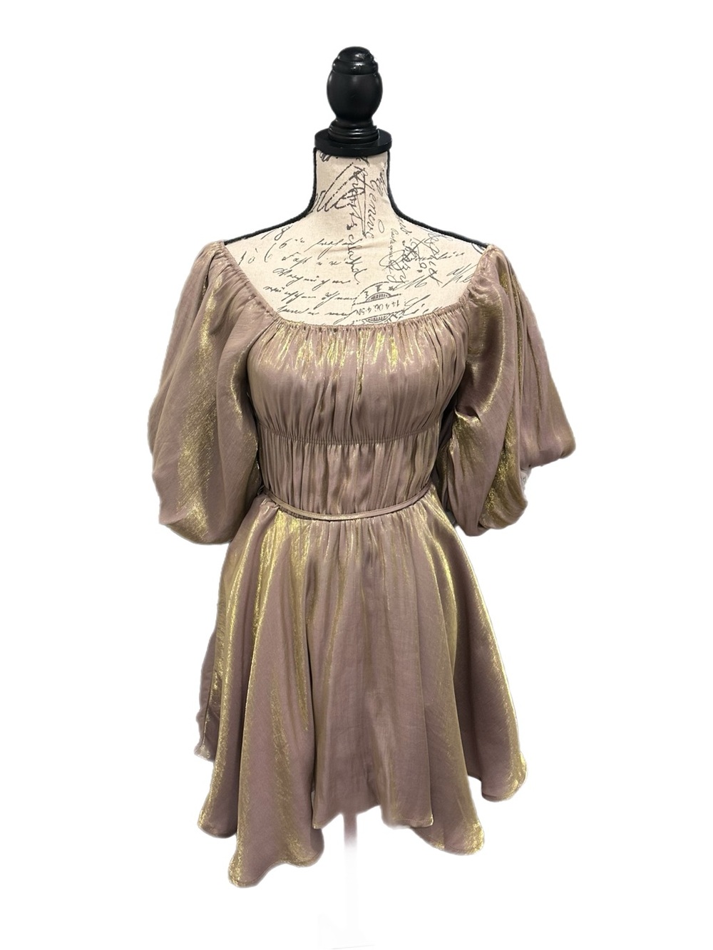 &Merci "Belong Together" Gold Metallic Bubble Sleeve Mini Dress Sz S / NWT